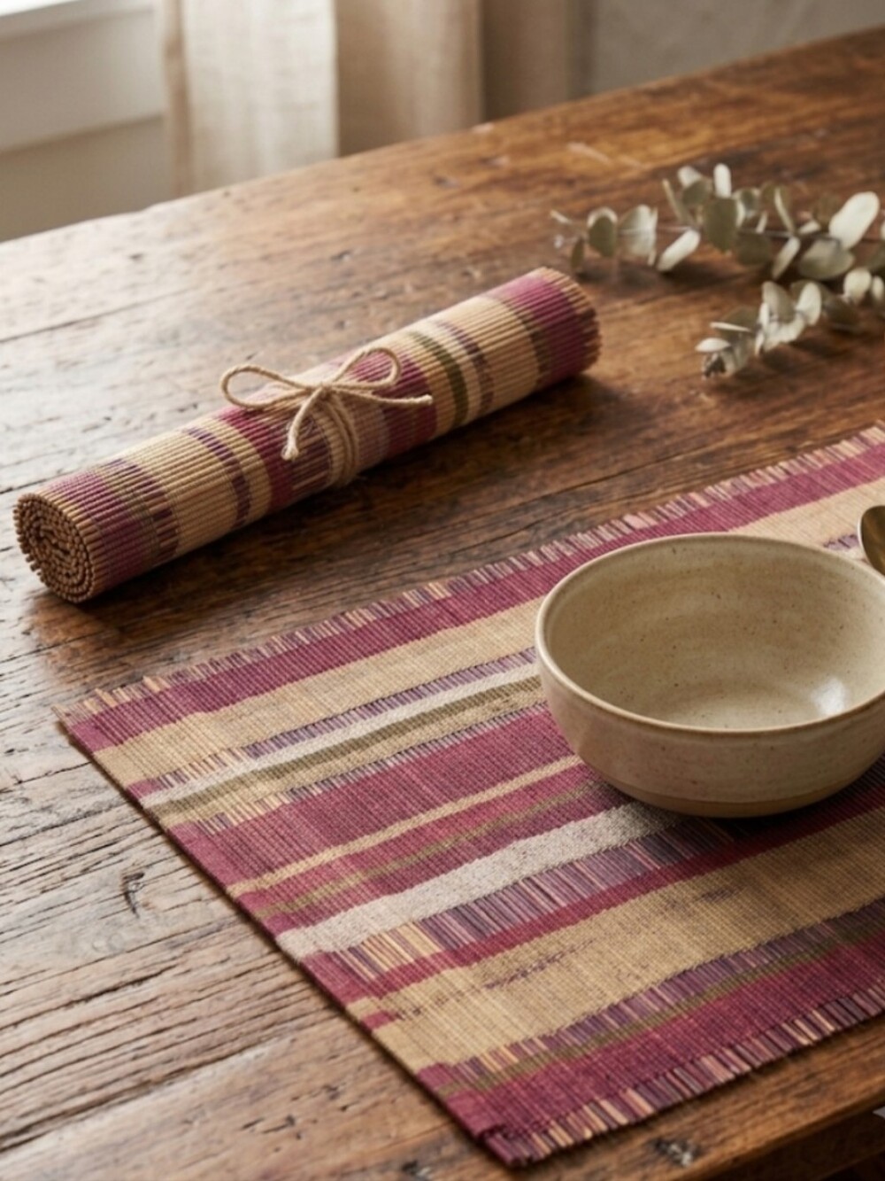 Boho Woven Slatted Bamboo Placemats Set of 2 Striped Burgundy Tan